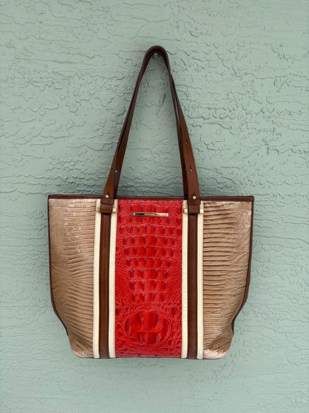 Brahmin Tote Bag Womens Large Colorblock Croc Embossed Red Brown Tan